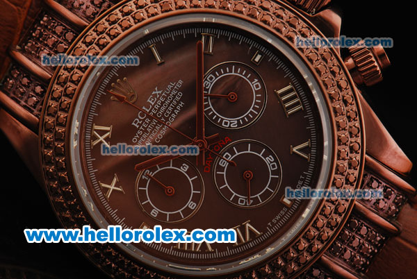 Rolex Daytona Chronograph Miyota Quartz Movement Double Row Diamond Bezel with Brown Dial and Roman Numerals- Brown Leather Strap - Click Image to Close